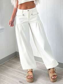 Fashionable Personalized Street Style Commuting Design Pleated Front Pocket Women Loose Straight Leg Jeans - Putih - View 1