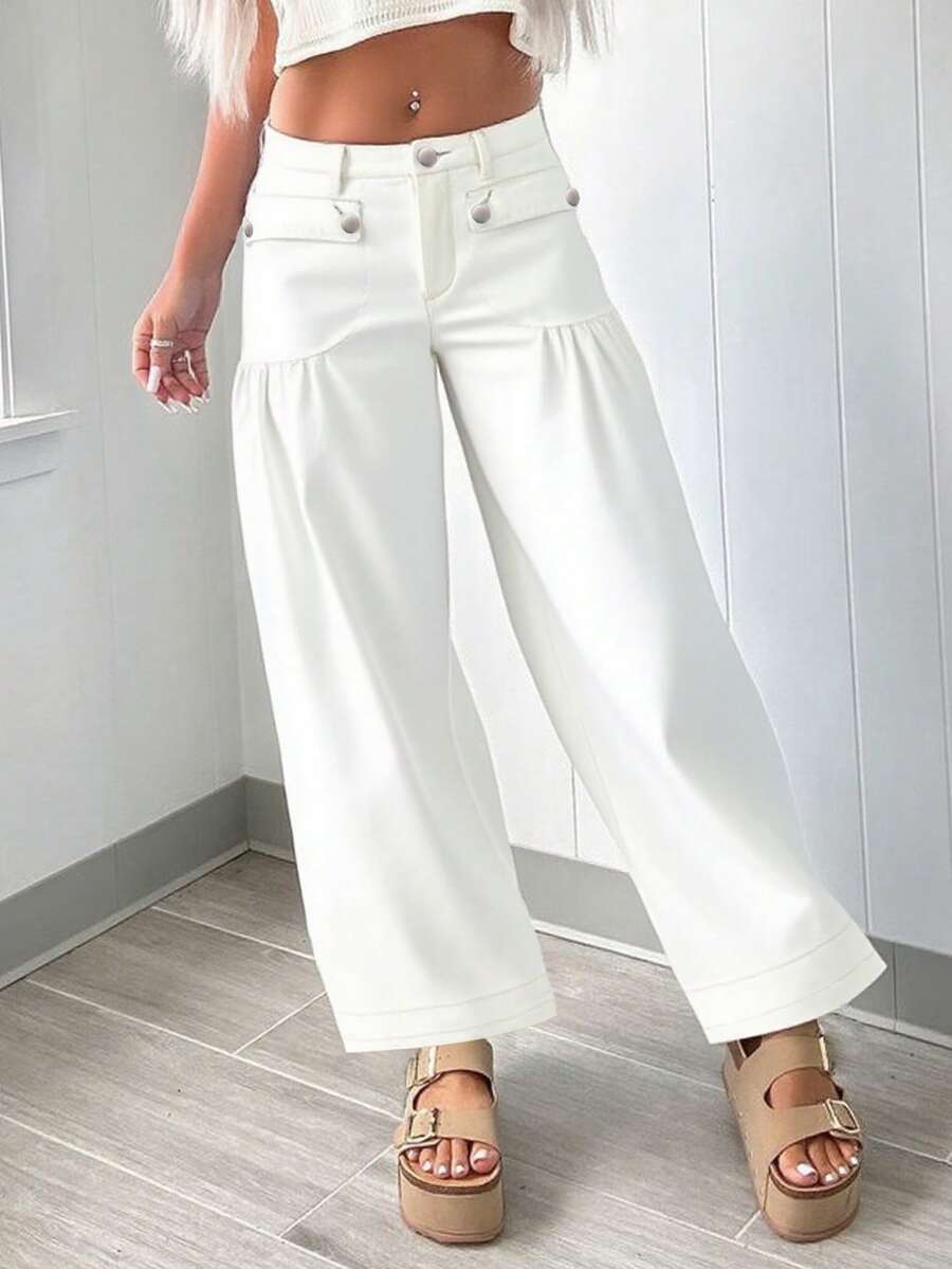 Fashionable Personalized Street Style Commuting Design Pleated Front Pocket Women Loose Straight Leg Jeans - Putih - View 1