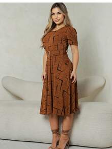 Midi Dress With Removable Belt Puff Sleeves Round Neck - 棕色焦糖 - 查看 2