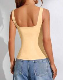 Women's Square Neckline Straight Suplex Tank Top - Beige - View 2