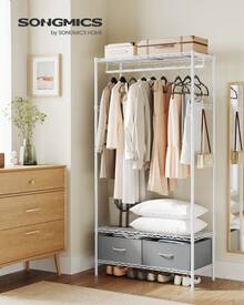 SONGMICS Clothes Rack, Heavy-Duty Garment Rack, Clothing Rack With Mesh Shelf, 2 Fabric Drawers, Hanging Rail, Hooks, Freestanding Portable Wardrobe Closet Rack - White - View 1