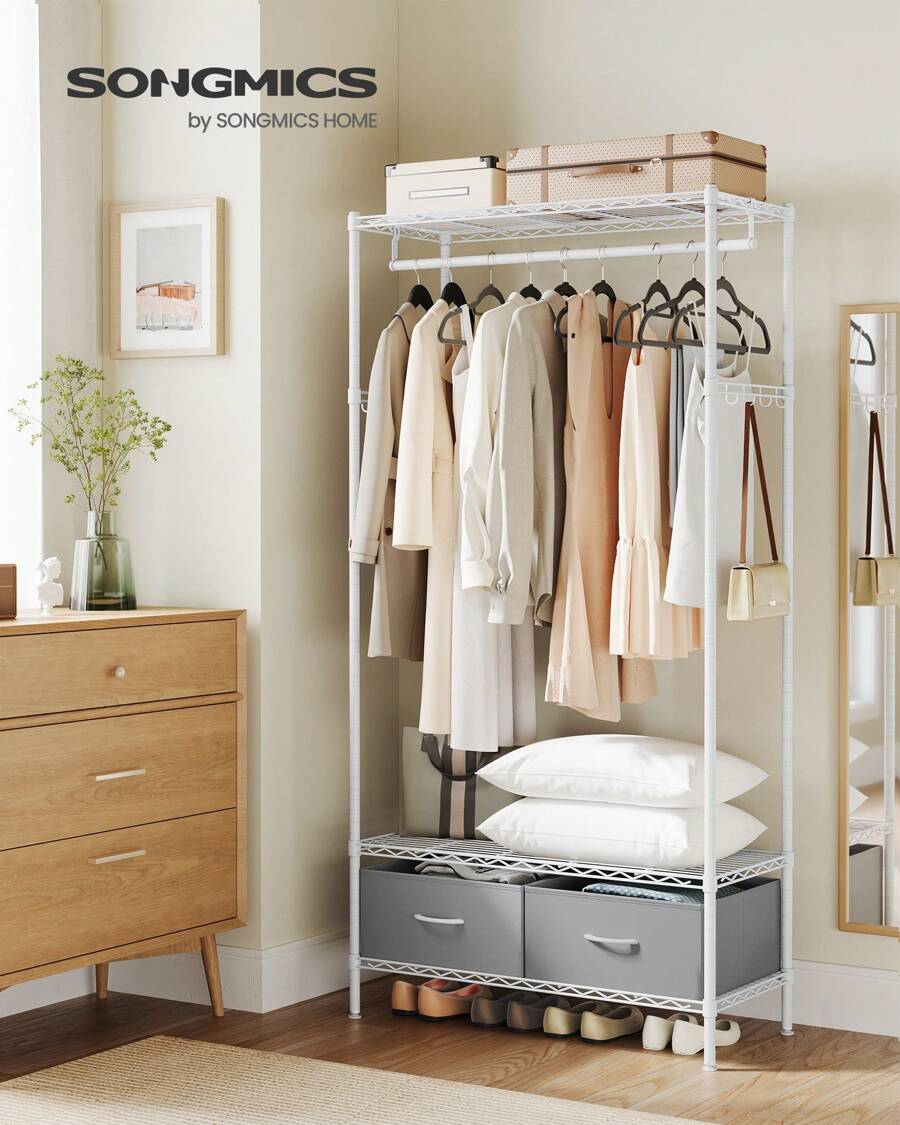 SONGMICS Clothes Rack, Heavy-Duty Garment Rack, Clothing Rack With Mesh Shelf, 2 Fabric Drawers, Hanging Rail, Hooks, Freestanding Portable Wardrobe Closet Rack - White - View 1