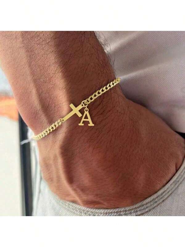 1pc Fashion Cross Initial Bracelet Men Gold Color Stainless Steel Cuban Chain Bracelets For Men