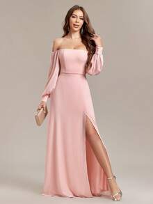 Women's Off Shoulder High Slit Thighs Chiffon A-Line Bridesmaid Dresses,Prom Gown, Wedding Guest Dress For Wedding, For Graduation, Dinner