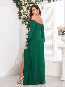Women's Off-Shoulder High Slit Chiffon A-Line Bridesmaid Dress, Cocktail Dress, Wedding Guest Dress, Suitable For Weddings, Graduations, Formal Dinners And Other Occasions - Dark Green - View 2