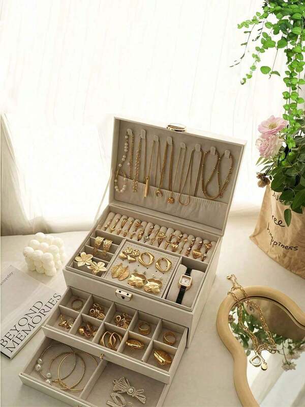 1 pièce Boîte de rangement pour bijoux à 3 couches/2 couches/1 couche, grande capacité, boîte de rangement pour bijoux portable, coiffeuse avec tiroir, boîte à bijoux en cuir, emballage d'affichage exquis, boîte de rangement pour la rentrée scolaire