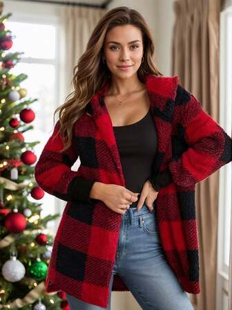 Women's Casual Plaid Hooded Long Sleeve Midi Jacket, Autumn/Winter