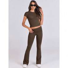 Lounge Sets For Women 2 Piece Foldover Yoga Flare Leggings Pants Crop Tops Casual Y2K Outfits Matching Tracksuit Set/Vacation Outfits Women - 深咖啡 - 查看 6