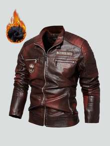 Men's Outdoor Winter Plus Fleece Motorcycle Style PU Leather Jacket, Solid Color Stand Collar Pilot Letter Patch Zipper Leather Jacket.