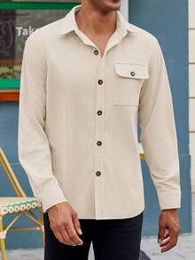 Mens Corduroy Button Down Jacket Casual Long Sleeve Shirts Ribbed Lightweight Shacket Jacket With Flap Pockethalloween - Beige - View 4