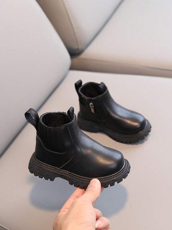 1 Pair New Solid Color Fashion Children Boots Unisex Side Zipper Chelsea Boots Round Toe Flat Low-Top Short Boots, Student Daily Outdoor Casual Leather Boots, Suitable For Autumn/Winter (Size Runs Small)