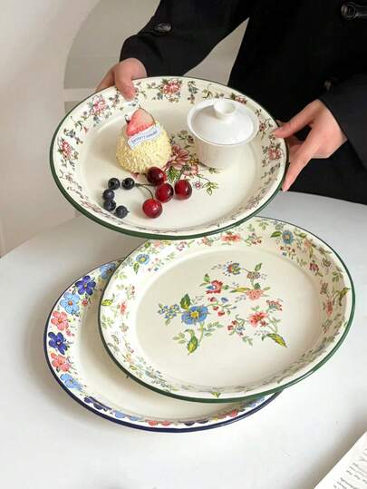 1 件珐琅花卉图案盘子，高品质 Ins 风格早餐/甜点/水果盘，花卉设计珐琅盘，适合家庭使用
