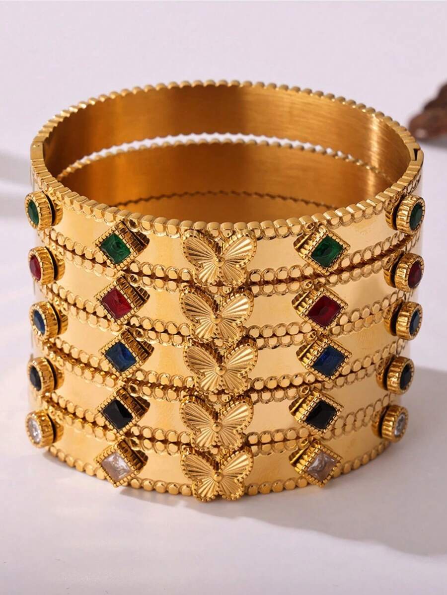 1pc Minimalist Colorful Zirconia Butterfly Geometric Asymmetrical Gold Bracelet Jewelry, Suitable For Daily Wear (Inner Diameter Approx. 6.2cm/2.44in, Suitable For Women With Smaller Wrists)