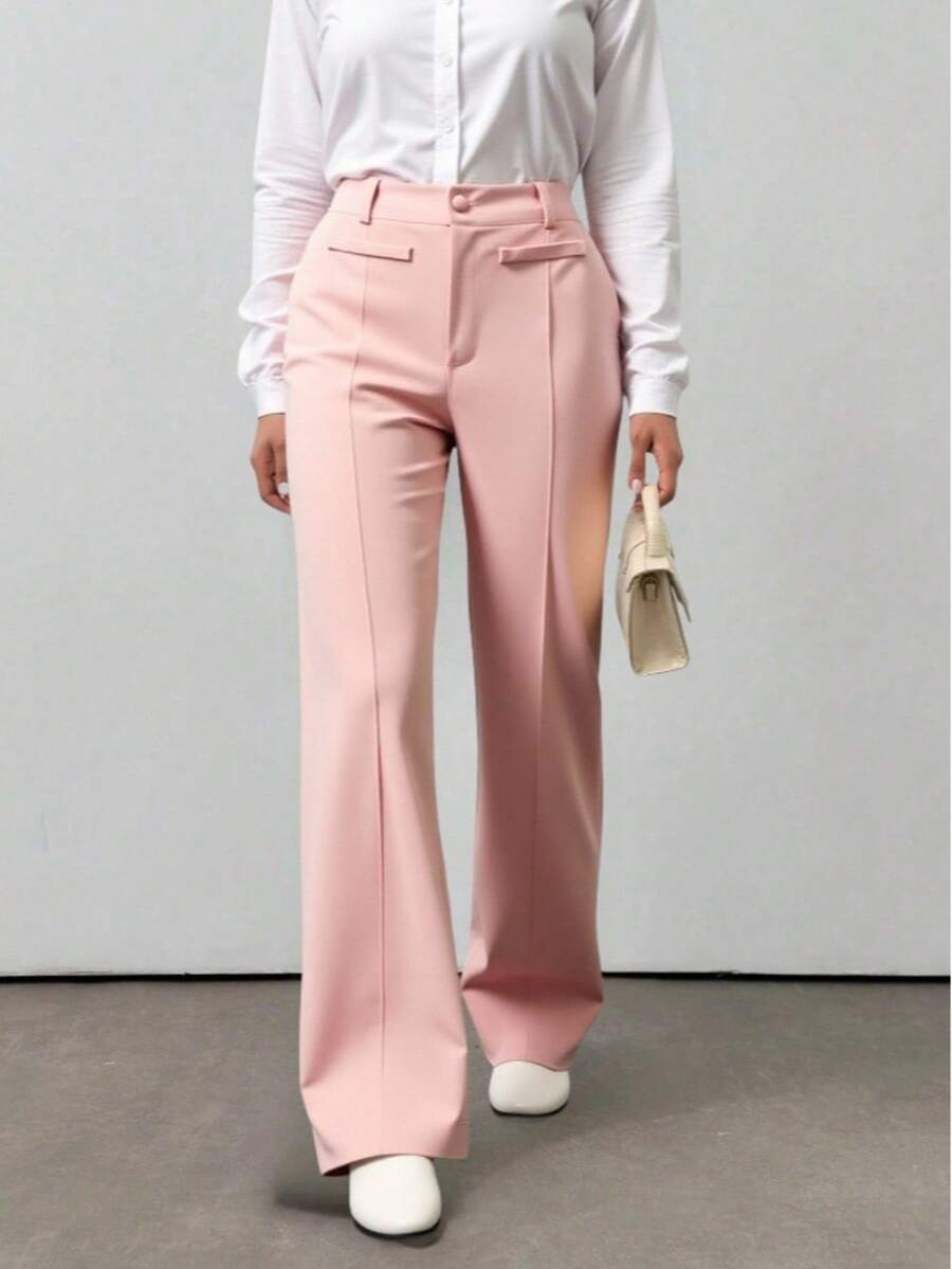 LIU ME Women's Tailored Trousers With Fake Pocket – High Waist And Wide Leg - Baby Pink - View 1