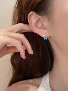 1 Pair Elegant Butterfly Stud Earrings, Minimalist Blue Earrings, Petite Earrings For Students - Blue Diamond - View 1