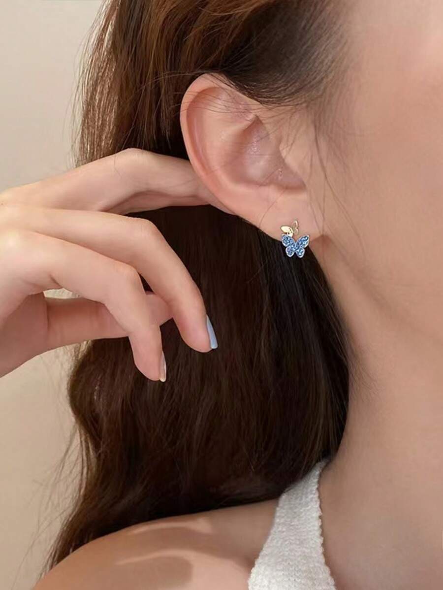 1 Pair Elegant Butterfly Stud Earrings, Minimalist Blue Earrings, Petite Earrings For Students - Blue Diamond - View 1