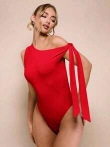 Women's Bodysuit With Tie Bow And Asymmetrical Neckline, Sleeveless, Ideal For Romantic Dates, Casual, Vacation And Summer - 紅色 - 查看 1