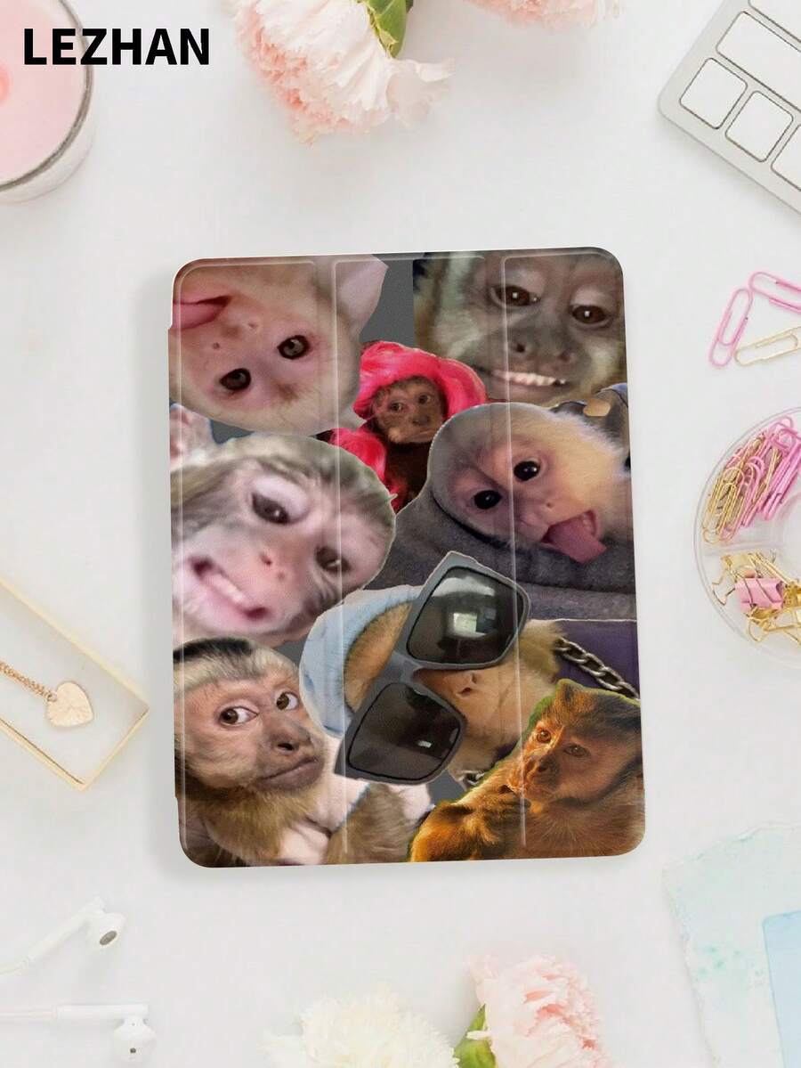 1pc Cute Monkey Pattern Tablet Protective Case, Compatible With 10.2" Tablet, IPad Pro 11" 2021/2020/10th Gen/Mini4/5/6, Galaxy Tab A8 10.5" 2022, Matepad 10.4/Tab, With Pencil Slot, Anti-Drop, Tablet Stand Cover - Multicolor - View 1