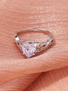 1pc Elegant French Design Romantic Heart Stone Engagement Ring For Women, Unique Hollow Leaf Decor Ring, Perfect Ideal Engagement Wedding Anniversary Party Jewelry Valentine's Day Birthday Gift