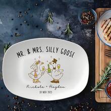 Custom Silly Mrs & Mrs Goose Engagement Platter, Personalized Newly Engaged Couple Grilling Plate, Getting Married Soon Future Bride Gift