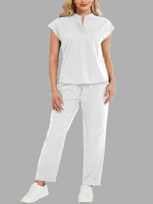 cimmuovere Conjunto de uniforme de top holgado sin mangas de cuello alto y pantalones con múltiples bolsillos prácticos para tallas grandes - Blanco - Ver 6