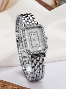 2025 女士时尚奢华钢带手表，时尚简约罗马数字表盘水钻方形石英腕表，适合送礼、休闲、派对、学校等场合 - 銀色 - 查看 5