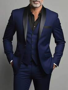 Men's 3-Piece Suit, Solid Color, Regular Fit, Long Sleeves, Shawl Collar Design, With Pockets, Suitable For Weddings, Business Occasions And Parties, Elegant Style. - Navy Blue - View 1