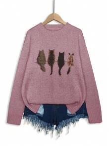 Áo len chui đầu dệt kim rộng rãi họa tiết mèo Colorblock - Màu tím - Xem 3