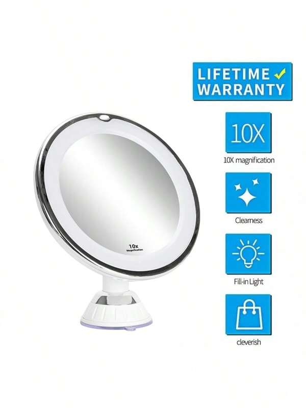 10X Espejo de maquillaje con iluminación natural, rotación de 360°, ventosa, iluminación LED de 3 colores, plegable y portátil con bandeja