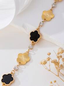 1pc Luxurious Rhinestone Embellished Gold Textured Black Clover Charm Women Bracelet - Black - View 4