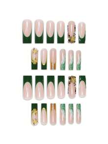 24 chiếc móng tay giả hình quan tài 3D sọc xanh lá cây kiểu Pháp, ngọt ngào và mát mẻ dành cho phụ nữ và trẻ em gái, đồ dùng làm móng hàng ngày - màu xanh lá - Xem 4