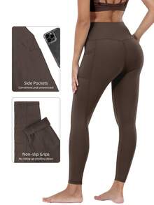 One-Piece Fleece Yoga Autumn And Winter Yoga Pants High Waist Abdominal Fold Warm Sports Leggings Women's Side Pocket Trousers, Women's Sports Yoga Pants, Warm And Easy To Move, Suitable For Holiday Travel - 咖啡棕 - 查看 5