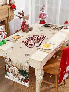 1 pièce Nappe thème de Noël, 35x180cm, thème de Noël vintage, motif d'église enneigée, thème des fêtes de Noël pour décoration de table à manger, convient pour les restaurants, les salons, les rassemblements familiaux de Noël, tissu d'hiver.