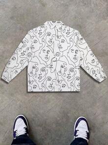 Men's Fashion Abstract Face Minimalist Black & White Line Print Jacket Casual Zipper Streetwear Style - White - View 3