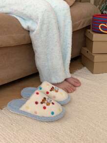 XIXITIAO 1 双可爱波尔卡圆点狗卡通趣味毛绒家居拖鞋，时尚舒适铃铛小狗波尔卡圆点图案平底鞋，男女通用保暖一脚蹬拖鞋 - 藍色 - 查看 5