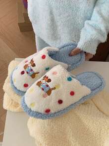 XIXITIAO 1 双可爱波尔卡圆点狗卡通趣味毛绒家居拖鞋，时尚舒适铃铛小狗波尔卡圆点图案平底鞋，男女通用保暖一脚蹬拖鞋 - 藍色 - 查看 2