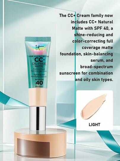  IT Cosmetics 美肌CC+无油哑光粉底霜 SPF 40 #浅色 32毫升/1.08盎司 | 全效遮瑕，无油配方，哑光妆效，SPF 40防晒 | 轻盈可叠加配方，均匀肤色，遮盖瑕疵