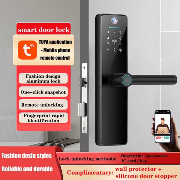Tuya Smart Door Lock - bezkluczykowy dostęp z kamerą, elektroniczny zamek ze zdalnym sterowaniem aplikacją. Wielofunkcyjne odblokowywanie: odcisk palca/karta/hasło/klucz, do drzwi ogrodowych/drewnianych, zasilane bateriami (baterie nie są dołączone), zamek do drzwi domowych, trwała polerowana powierzchnia do metalu, stylowy design + ochraniacz ścienny + silikonowy amortyzator drzwi w zestawie