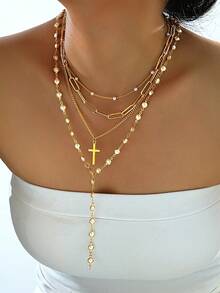 4件套时尚简约优雅十字架和仿珍珠Y字项链叠戴套装，适合度假、约会、派对、舞会、节日、生日礼物、日常佩戴 - 金黃色 - 查看 3