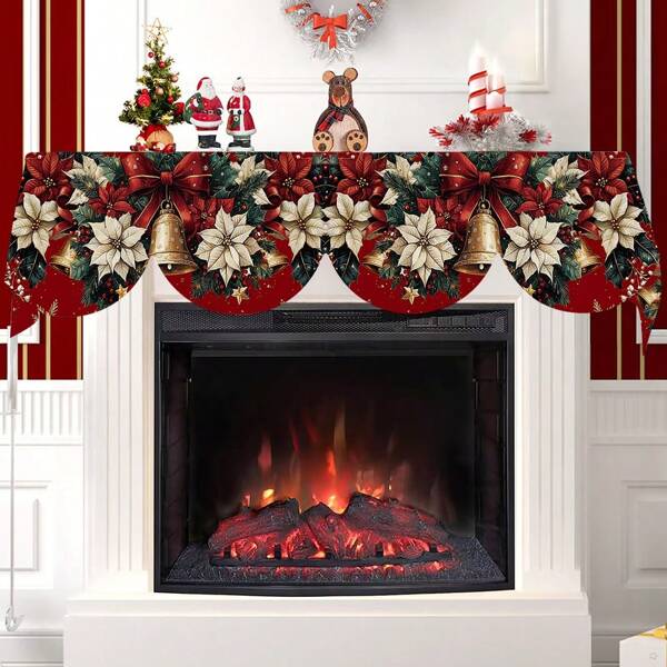 1 peça/72 peças de Natal de inverno, sino de flor vermelha com toalha de lareira estampada com laço, lenço de manto, caminho de mesa, material de poliéster, presente de Natal, artigos para festas, adequado para lareira de sala de estar, decoração de mesa de jantar