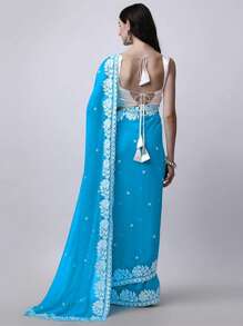 Women's Georgette Embroidery Border Work Designer Saree With Blouse Piece(Royal Blue) - Royal Blue - View 5