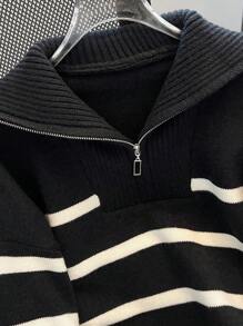 秋冬新款时尚拉链女条纹针织毛衣简约百搭长袖上衣