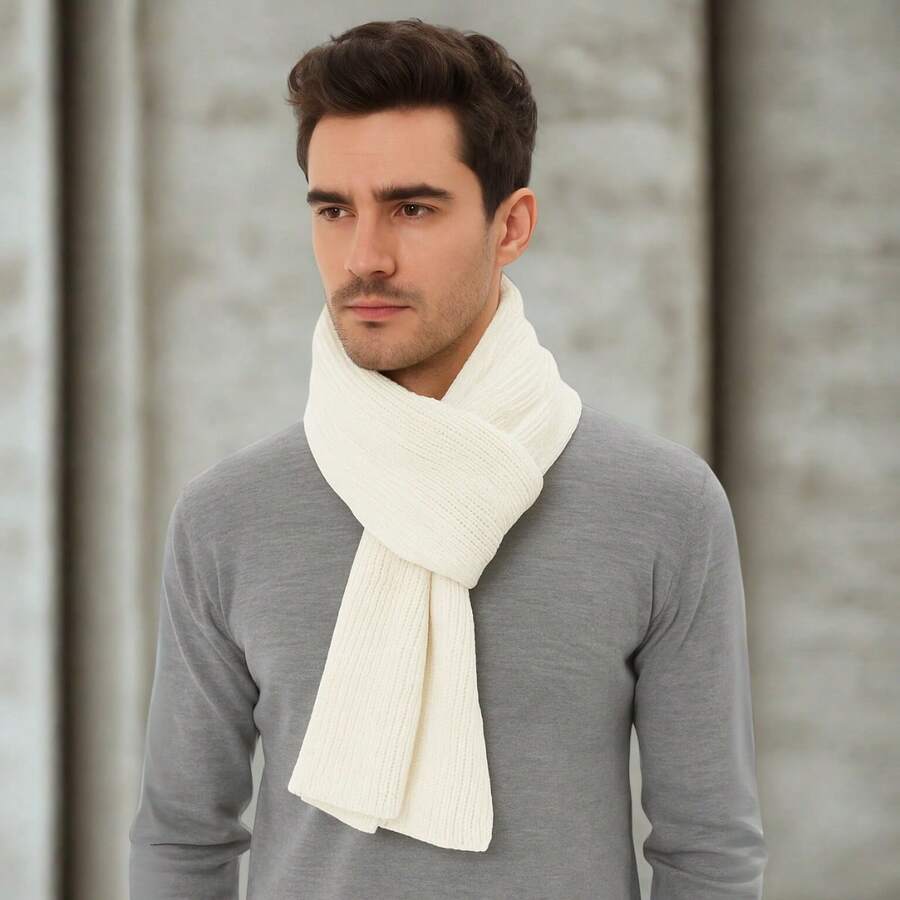 Men's Cozy Winter Knit Wool Scarf - Creme - View 1