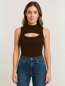 Women's Bodysuit With High Neck And Cutouts, Ideal For Summer Use - 棕色 - 查看 2