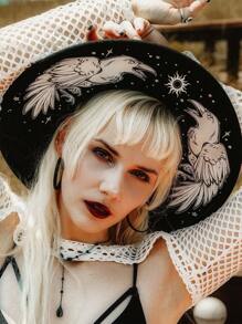 BREITER 1 件女式 Y2K 复古哥特式女巫帽,黑色印花涤纶毡帽,带有精致五角星和蕾丝花边,适合万圣节、圣诞节、化妆舞会、节日礼物 - 平簷禮帽 - 查看 12