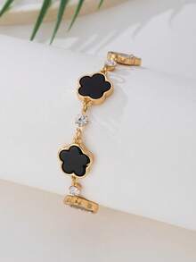 1 buah Gelang Hitam Elegan Mewah dengan Liontin Daun Semanggi untuk Wanita - Hitam - View 2