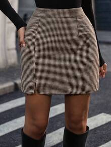 Plus Size Houndstooth A-Line Short Skirt With Zipper Detail Woven Fabric Non-Stretch Chic Mini Skirt