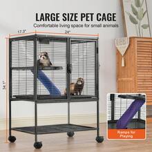 34 Inch Small Animal Metal Cage, 2-Tier Rolling Ferret Cage With Tray And Ramp - Black - View 2