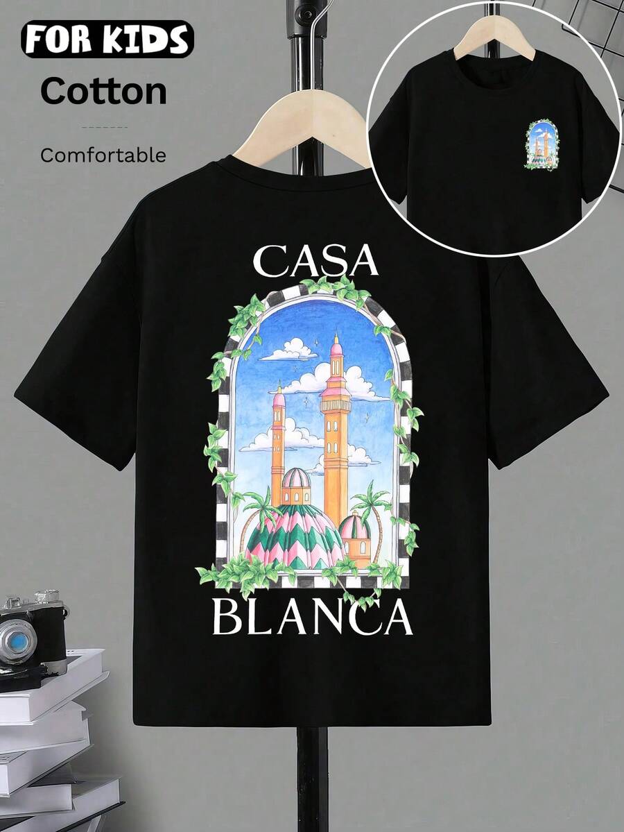 復古藝術夏季秋季兒童短袖上衣 T 卹 拱門建築手繪圖案 白色棉質 T 卹 - 黑色 - 查看 1