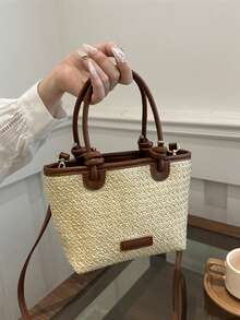 Bolso de paja tejida y bolso de hombro de estilo de playa de vacaciones 2025, elegante bolso de cesta con nudo de cuerda - Marrón - Ver 4